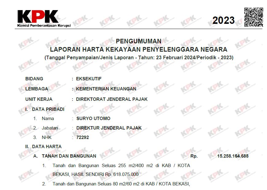 LHKPN 2023 Direktur Jenderal Pajak Suryo Utomo. / dok. KPK